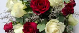 A bouquet of red and white roses.