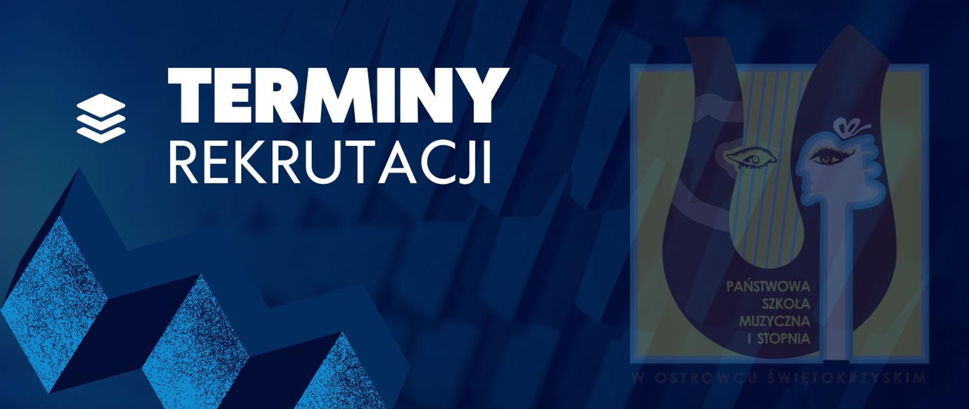 białe napisy na niebieskim tle z logo szkoły muzycznej w kolorze żółto-brązowym