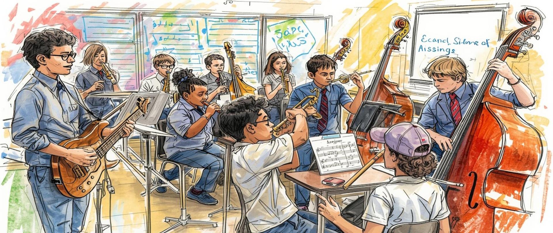 Opis ogólny Ilustracja wykonana w technice przypominającej szkic akwarelowy, przedstawiająca grupę młodzieży podczas lekcji muzyki lub próby szkolnego zespołu w jasnej klasie. Styl graficzny charakteryzuje się wyraźnymi, czarnymi konturami oraz dynamicznymi, niekiedy wychodzącymi poza linie plamami kolorów (głównie odcienie błękitu, żółci i brązu).
Szczegóły kompozycji
Pierwszy plan: Po lewej stronie stoi młody chłopak w okularach, grający na gitarze elektrycznej. Po prawej stronie widać chłopaka w czapce z daszkiem, siedzącego tyłem do widza, który patrzy na nuty rozłożone na pulpicie przed nim. Obok niego inny uczeń gra na dużym kontrabasie.
Środek planu: W centrum siedzi chłopak grający na trąbce, skupiony na instrumencie. Za nim i wokół niego widoczne są inne osoby grające na różnorodnych instrumentach: fletach, kolejnej trąbce oraz drugim kontrabasie.
Tło: Ściany klasy są przeszklone lub pokryte tablicami. Widać na nich zapisy nutowe, kolorowe plakaty oraz napisy (częściowo nieczytelne). Pomieszczenie jest wypełnione światłem, co podkreślają żółte i pomarańczowe smugi farby sugerujące blask słoneczny.