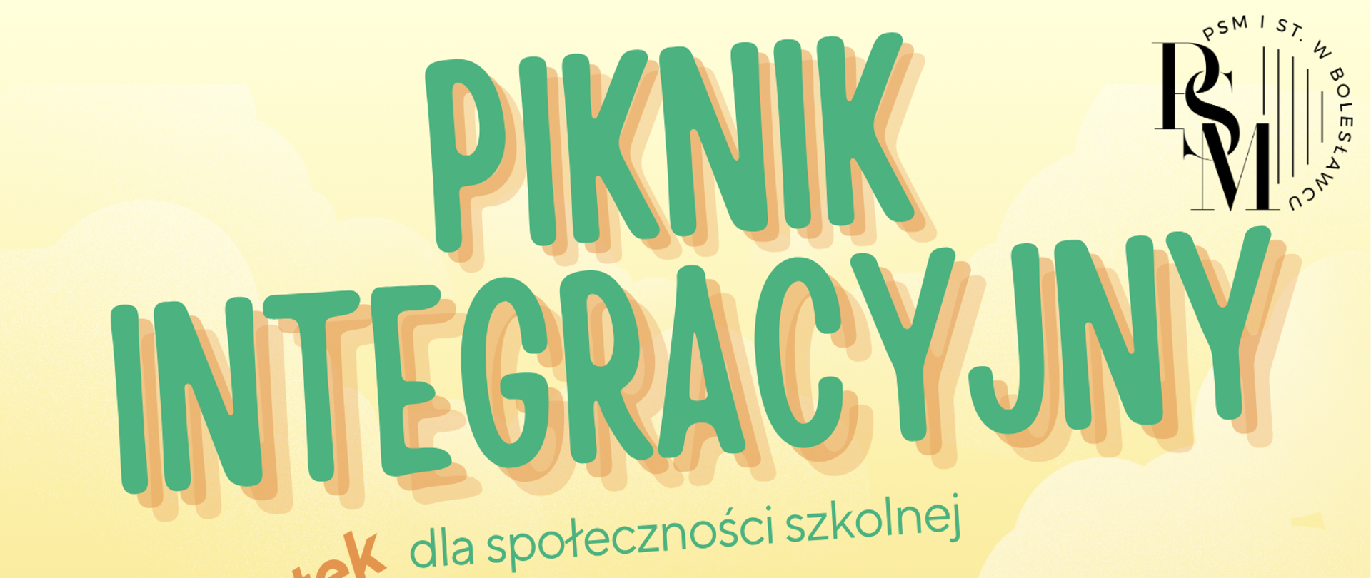 Grafika z widoczną polaną oraz drzewami. Na polanie znajdują się ikonografie postaci grających na różnych instrumentach muzycznych, jak na przykład skrzypce, gitara, wiolonczela, perkusja, fortepian, akordeon, flet, klarnet i saksofon. W centrum siedzą biwakujące na kocu postacie. W tle znajdują się napisy: "Piknik integracyjny dla społeczności szkolnej. Czwartek, 26 czerwca 2025 r., godz. 16.00 - 19.00. Podwórko szkoły. ul. Grunwaldzka 9".