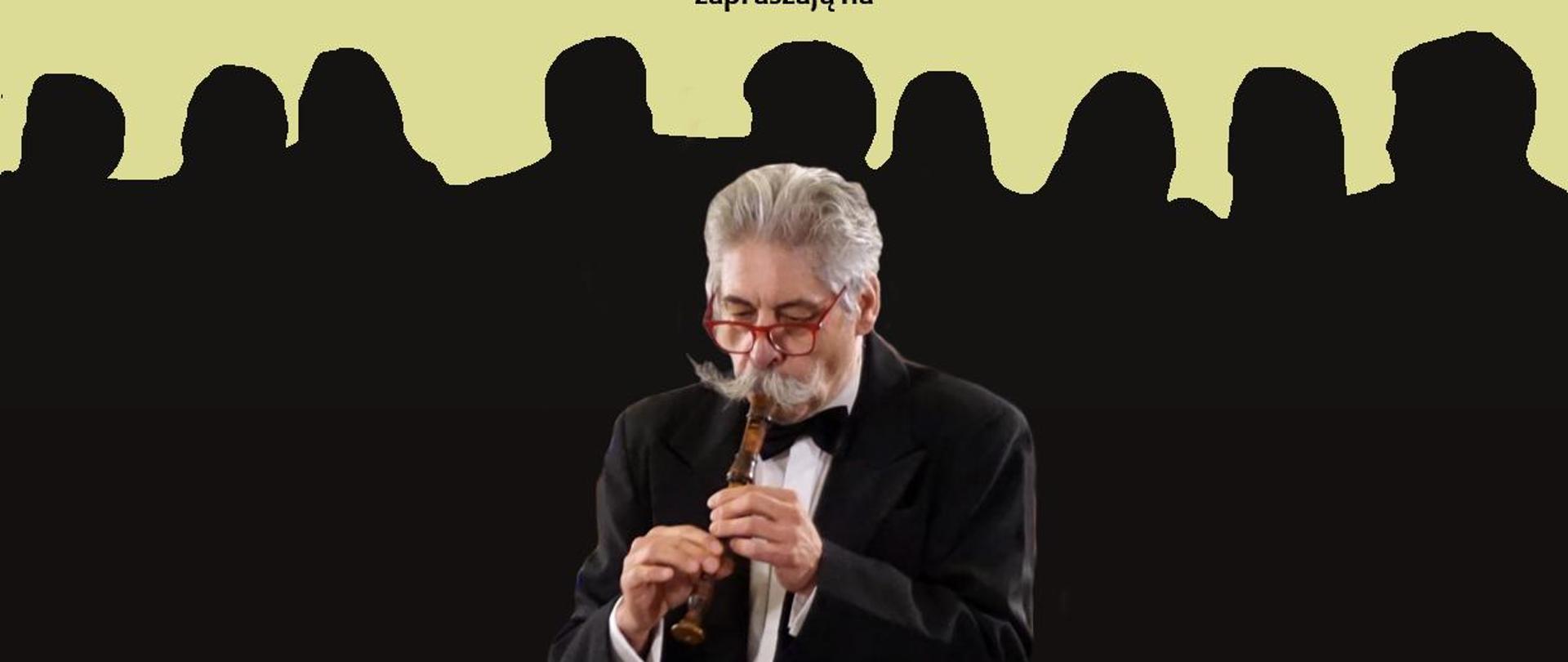 Baner, tło w odcieniach zieleni; na środku zdjęcie Jean Pierre Menuge; tekst: of góry nazwa naszej szkoły, poniżej Koncert orkiestry kameralnej, chóru i zespołów kameralnych, wykaz wykonawców, 23.03.2024 r. godz. 18:30