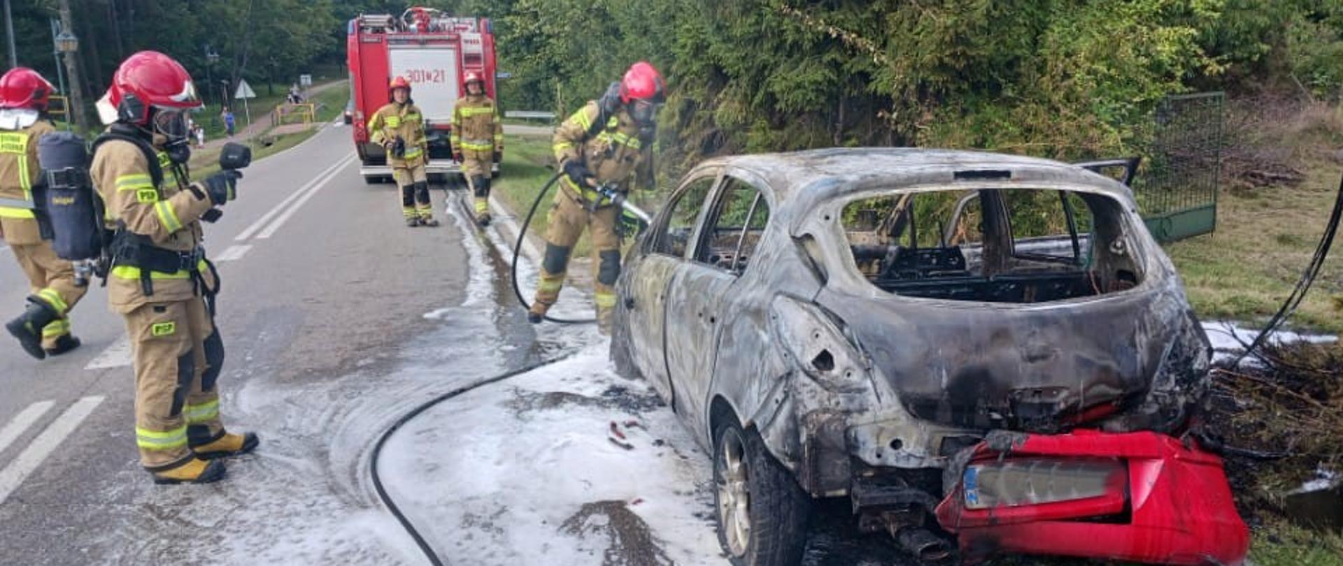 Zdjęcie przedstawia po prawej stronie spalony samochód. Przed nim stoi strażak z wężem sprawdzając auto, z prawej: funkcjonariusz sprawdza kamerą termowizyjną stopień nagrzania pojazdu, w głębi kolejni ratownicy i samochód gaśniczy.