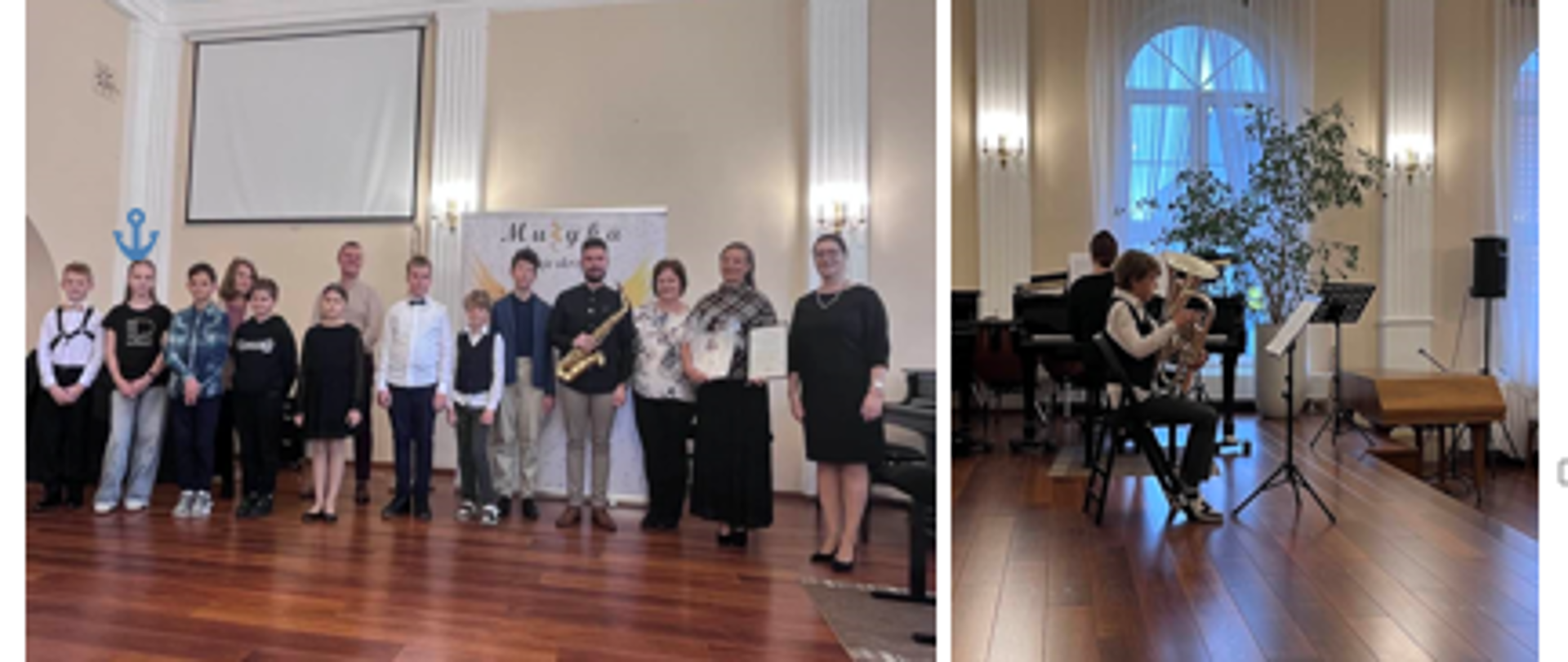 Nauczyciele i uczniowie na scenie w sali koncertowej podczas Koncertu dla pracowników i pacjentów Wojewódzkiego Szpitala Neuropsychiatrycznego w Lublińcu 