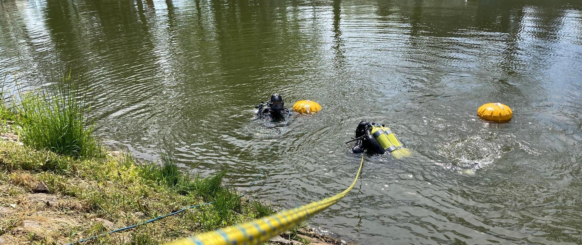 Nurkowie nurkują w wodzie z zabezpieczeniem.
