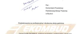 Skan części pisma stanowiącego podziękowanie dla strażaków za przeprowadzoną akcję gaśniczą w dniu 12 sierpnia 2025 r. na jednym z zakładów zajmujących się gospodarką odpadami w mieście Bochnia.
