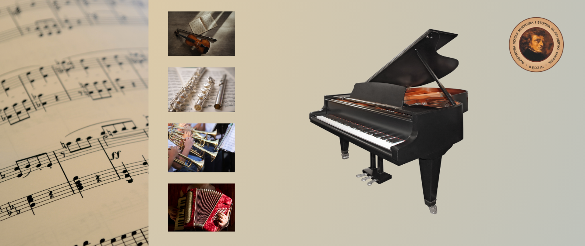 baner na beżowym, na środku fortepian, po prawej logo szkoły, po lewej tło z nutami, obrazki instrumentów 