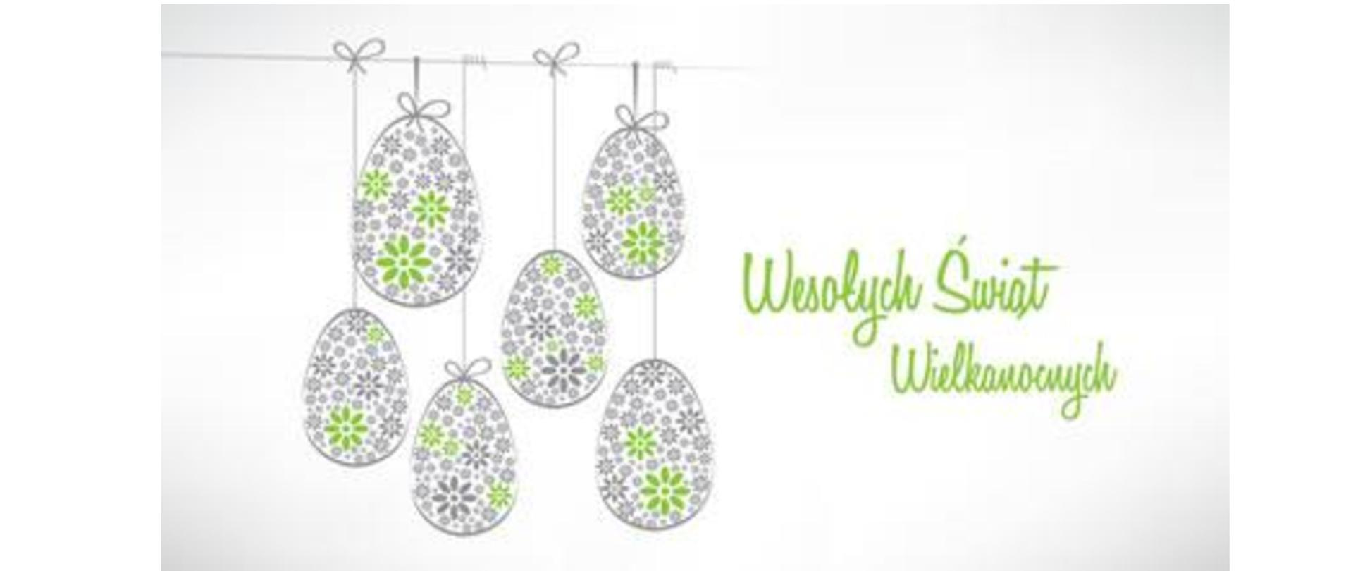 Grafika przedstawiająca wiszące jajka wielkanocne oraz życzenia "Wesołych Świąt Wielkanocnych"
