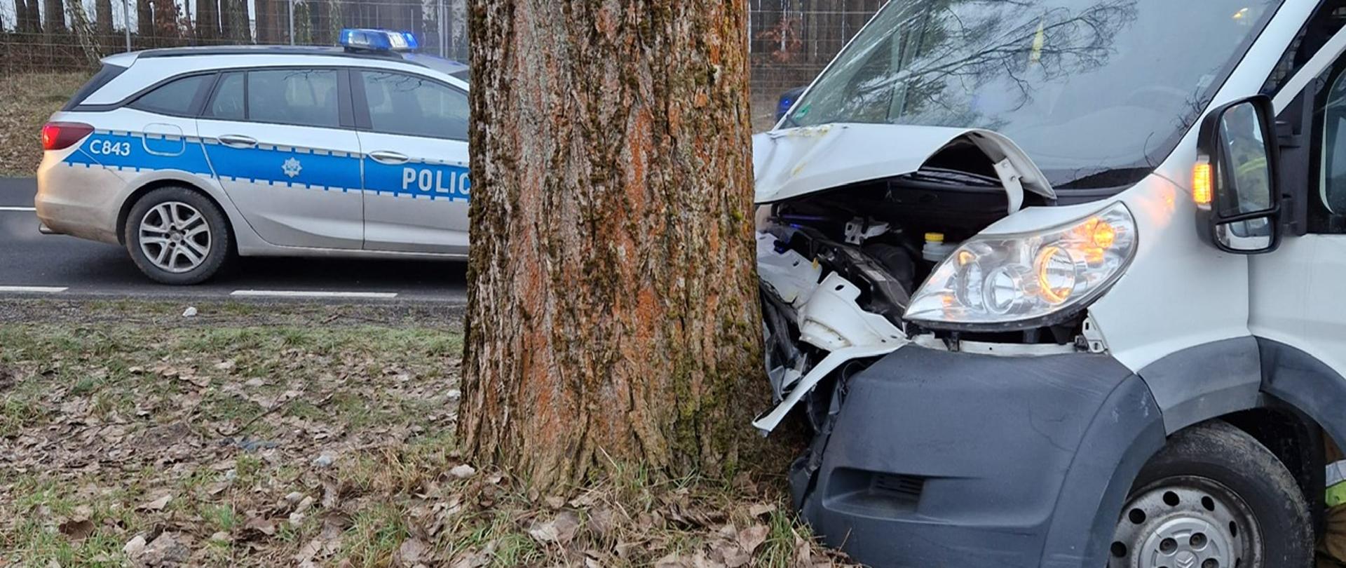 Samochód dostawczy po uderzeniu w przydrożne drzewo. Na drodze stoi radiowóz policyjny