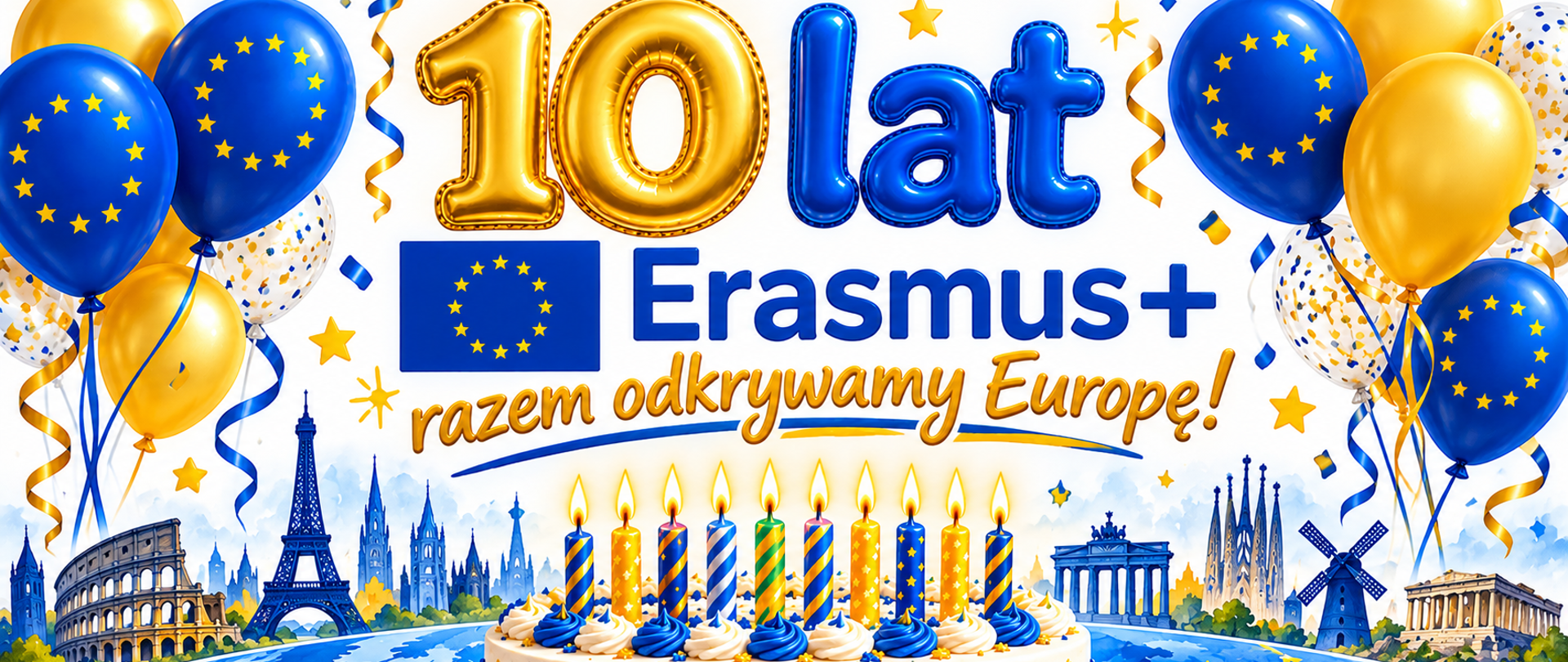 Plakat jubileuszowy z okazji 10-lecia projektu Erasmus+ „Razem odkrywamy Europę”