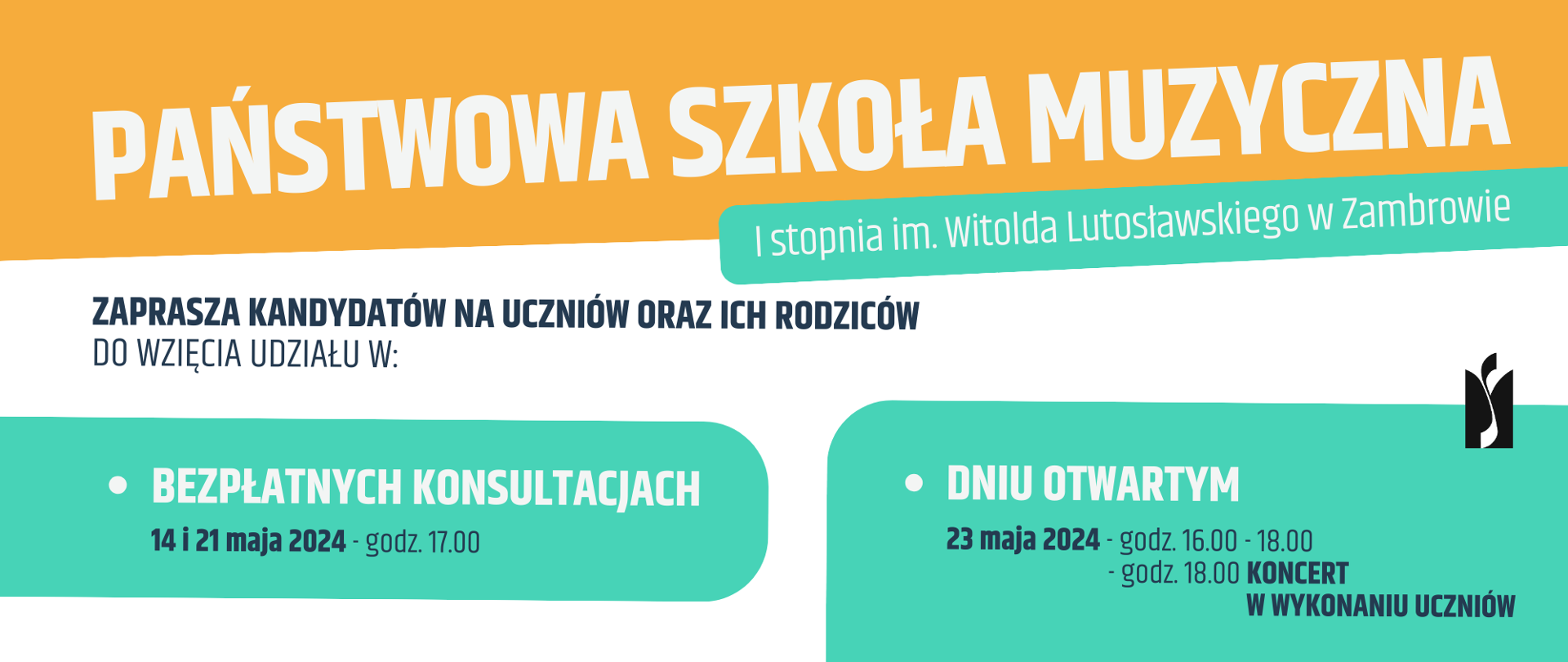 Na poziomym białym tle umiejscowione są napisy informujące o przebiegu bezpłatnych przedrekrutacyjnych konsultacji w szkole. Od góry na polu pomarańczowym umiejscowiona jest nazwa szkoły dalej na polu białym oraz błękitnym zaproszenie do udziału w wydarzeniach oraz dokładne terminy konsultacji i dnia otwartego