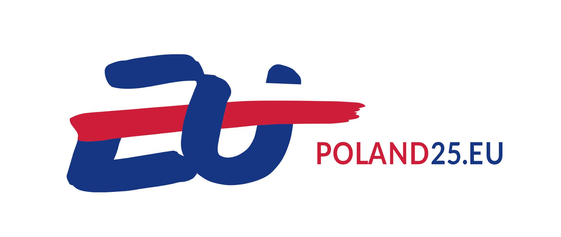 logotyp polskiej prezydencji. Skrót EU w kolorze granatowym przecięte flagą Polski. Obok napis POLAND25.EU