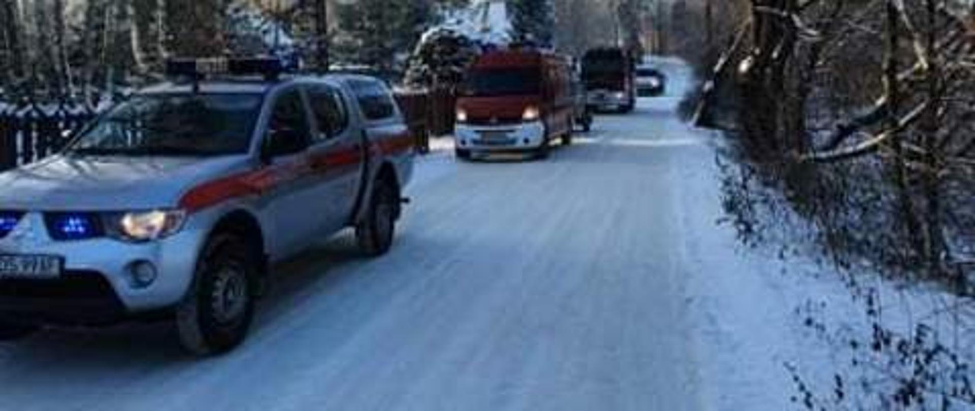 Samochody pożarnicze stoją na jezdni