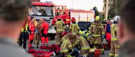 Zdjęcie przestawia strażaków i ratowników medycznych udzielających pierwszej pomocy.