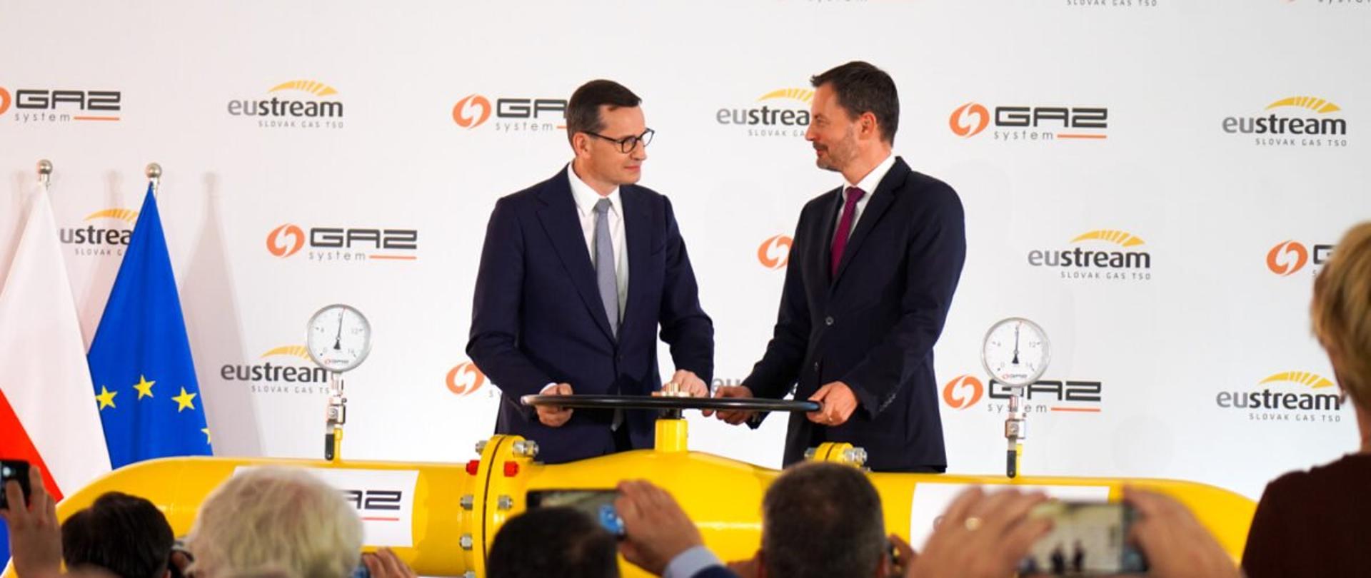 Premier Mateusz Morawiecki i premier Słowacji Eduard Heger podczas uroczystości z okazji uruchomienia połączenia gazowego Polska – Słowacja