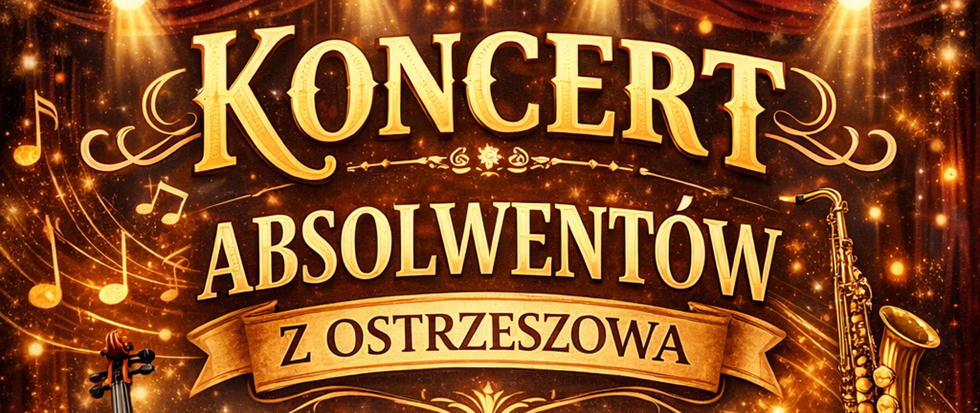 U góry napis z tytułem koncertu. Po prawej stronie grafika przedstawiająca saksofon. Po drugiej stronie skrzypce, na środku fortepian. Na dole publiczność.