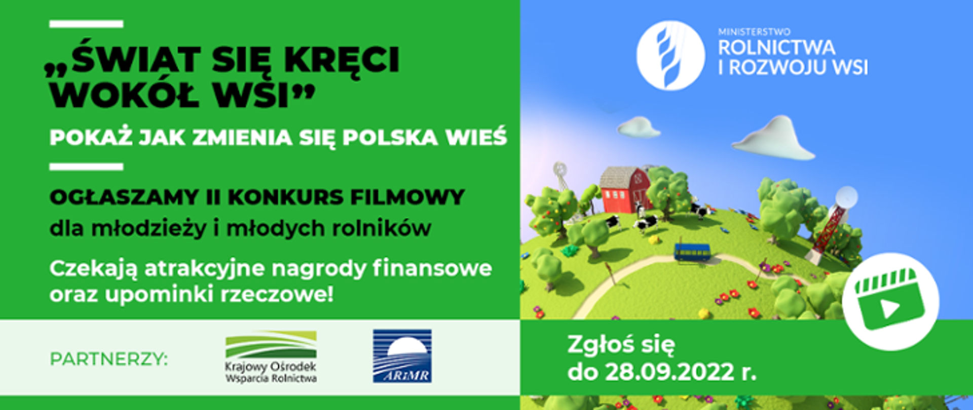 Zielono-niebieska grafika z napisem "Świat się kręci wokół wsi"