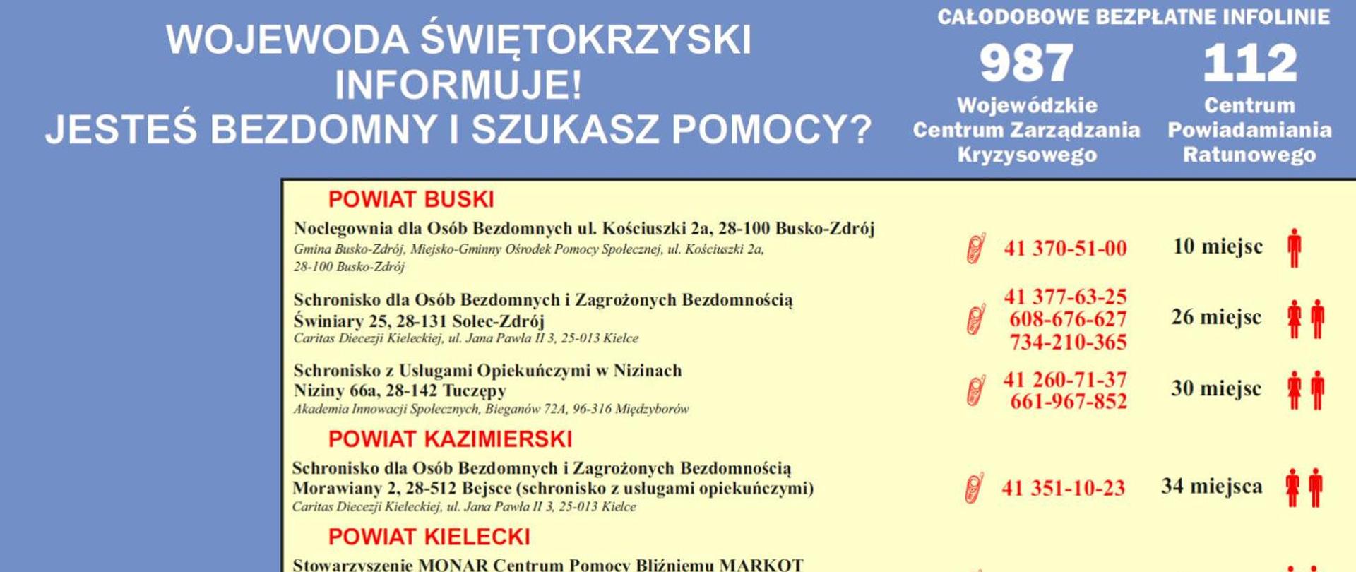 Baner - wycinek z plakatu z adresami miejsc noclegowych i nr kontaktowymi dla osób bezdomnych i poszukujących pomocy. Nr całodobowej bezpłatnej infolinii 987 Wojewódzkie Centrum Zarządzania Kryzysowego i 112 Centrum Powiadamiania Ratunkowego.