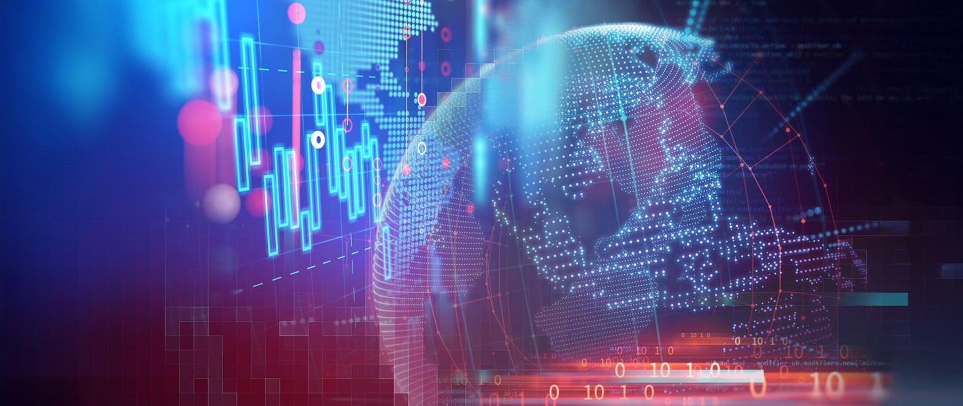 Na pierwszym planie, po prawej stronie, cyfrowa wizualizacja ziemi (globu). Po lewej stronie wykres na tle zarysowanych kontynentów. Ilustracja cyfrowego świata i globalnych połączeń. 