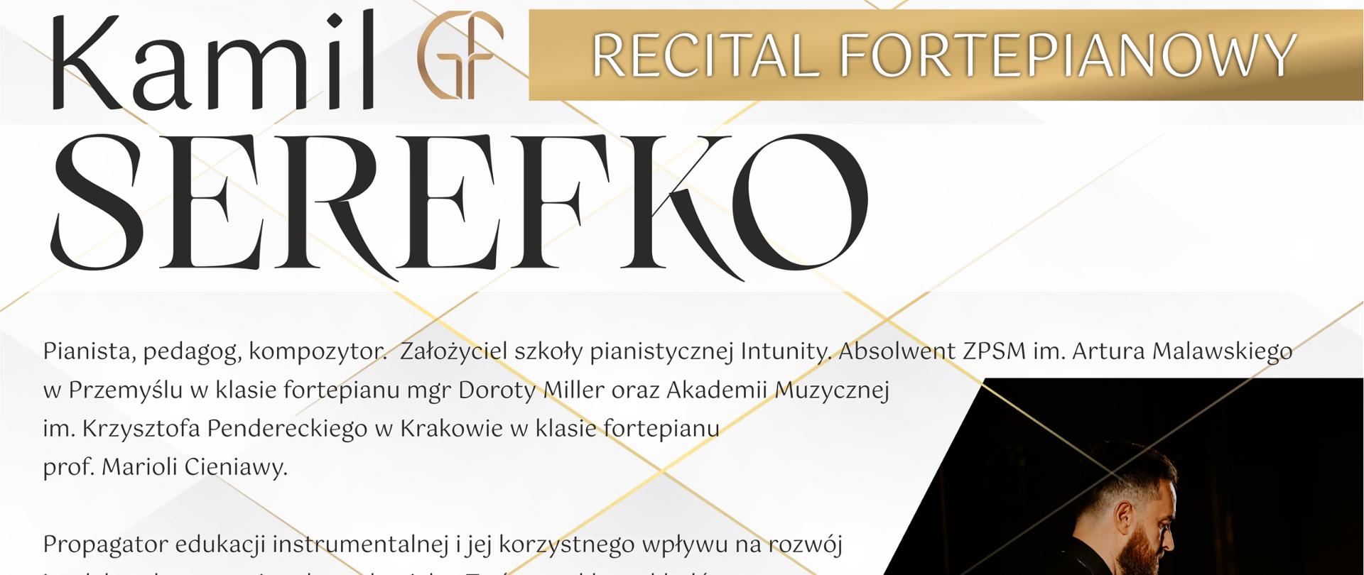 Plakat na jasnym tle, od góry z lewej logo PSM Krzeszowice i napis Państwowa Szkoła Muzyczna im. Z. Noskowskiego w Krzeszowicach i Stowarzyszenie "Pokochajmy Muzykę" zapraszają na. niżej na środku duży napis XI Festiwal Muzyki Improwizowanej, niżej Kamil Serefko Recital Fortepianowy. po prawej zdjęcie pianisty przy klawiaturze a na dole 13 października 18:00 AULA PSM KRZESZOWICE ul. Ogrodowa 7 Wstęp Wolny. niżej znajdują się logotypy organizatorów i sponsorów.