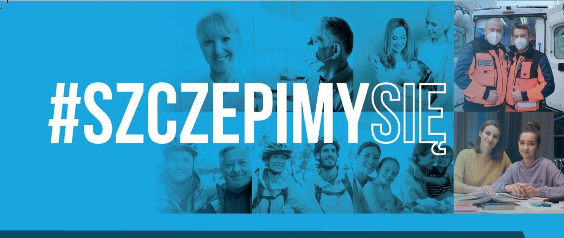 Zdjęcie na niebieskim tle osoby i napis #szczepimy się 