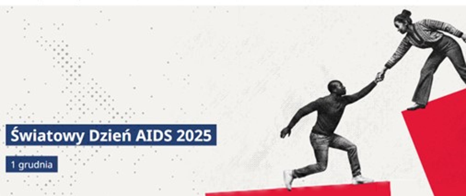 Światowy Dzień AIDS. Kobieta wciągająca mężczyznę na wyżej położony czerwony klocek.