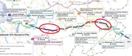 Mapa prezentująca odcinek S10 Szczecin - Piła z uwzględnieniem dwóch odcinków, dla których złożono wnioski o ZRID 
