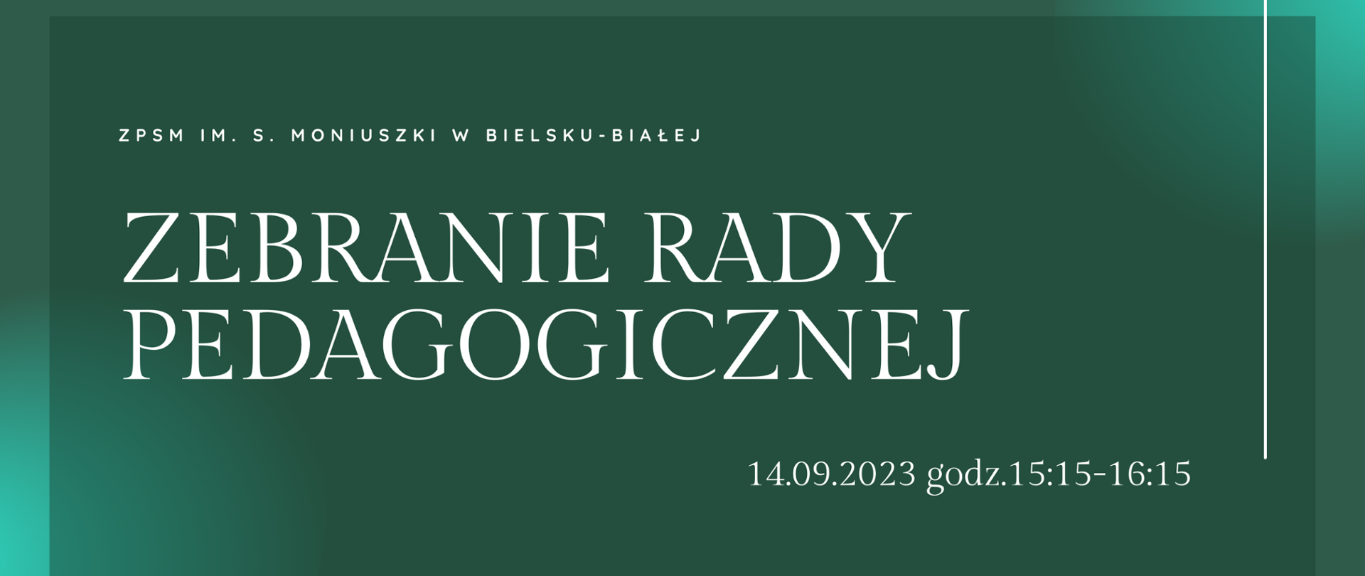 zielone tło napis zebranie Rady Pedagogicznej 14.09.2023 godz. 15:15-16:15