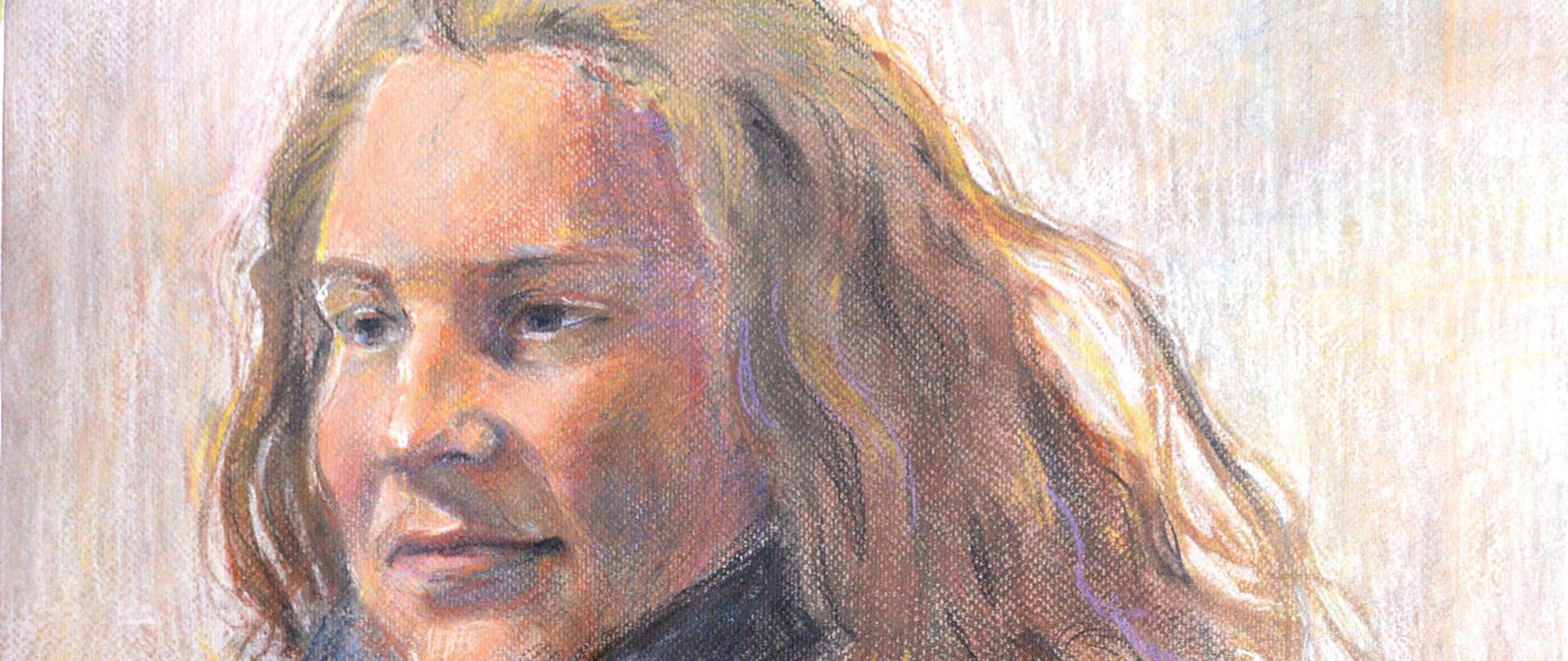 portret mężczyzny, długie włosy, broda w ciemnym płaszczu wykonany w technice pastele