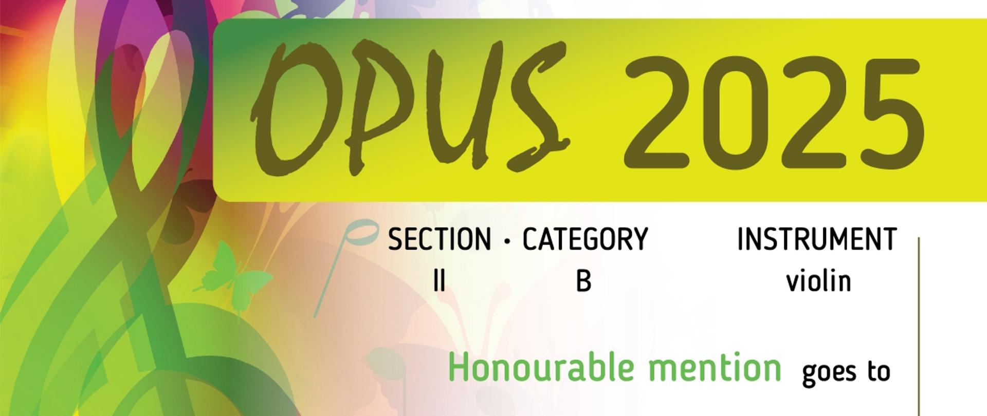 Zdjęcie przedstawiające dyplom dla Antoniego Bulszy za zdobycie wyróżnienia w VII Międzynarodowym Konkursie Muzycznym "OPUS 2025".