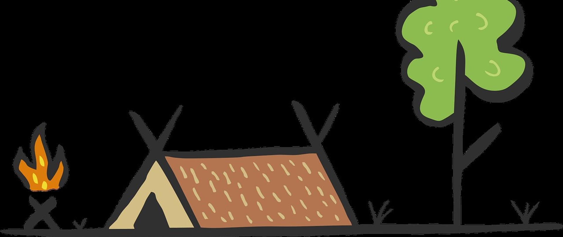 na zdjęciu na czarnym tle jest na środku jasnobrązowy namiot obok z lewej strony pali się ognisko a po prawej stronie namiotu rośnie drzewo z zielonymi liśćmi