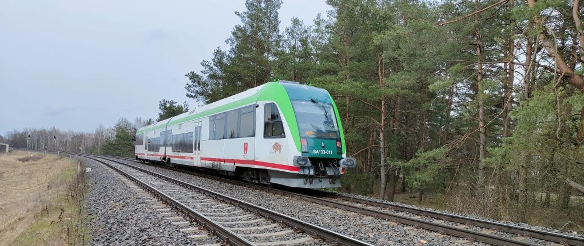 Na torowisku stoi zielono-biały szynobus. Z tyłu las sosnowy.