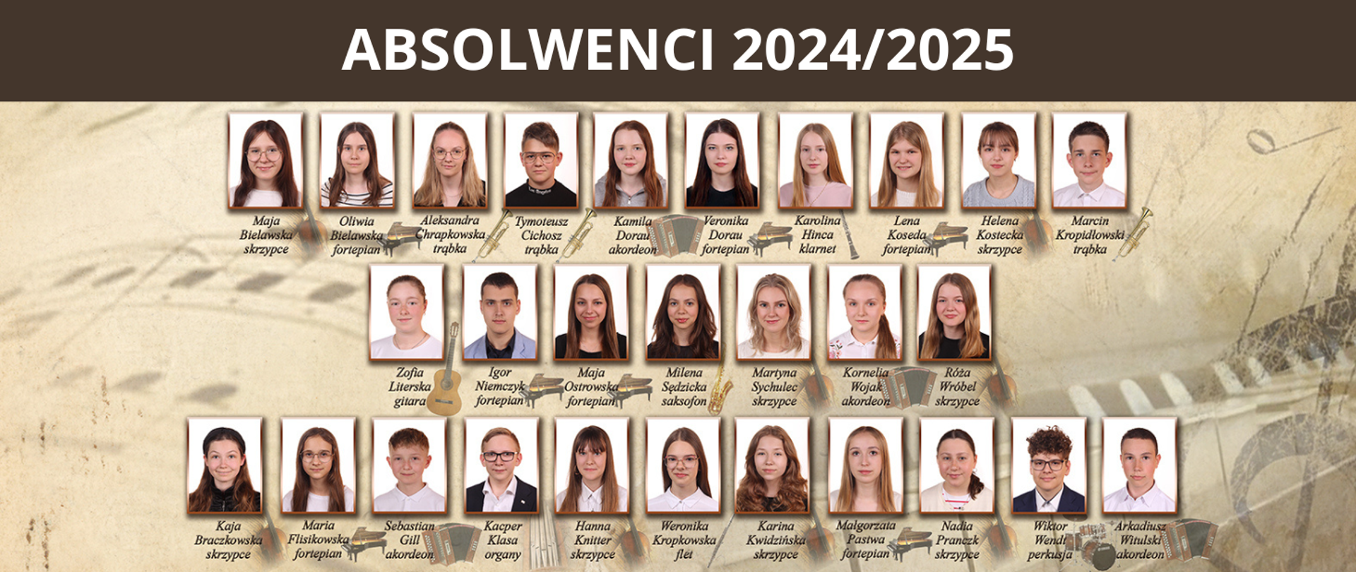 Na brązowym tle przedstawiono miniaturki zdjęć absolwentów szkoły oraz nauczycieli z roku szkolnego 2024/2025. W górne części brązowy pasek, a na nim biały napis "absolwenci 2024/2025"