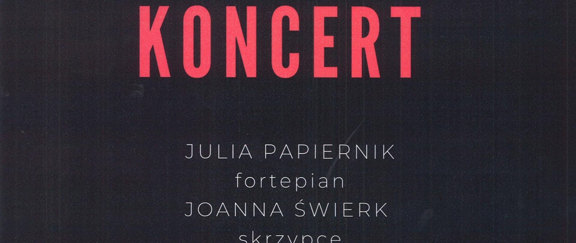 Plakat z wydarzeniem - Koncertem dyplomantów, który odbędzie się w ZPSM w Dębicy w dniu 20 marca 2023r. o godz. 17:00; tłem plakatu jest czarny kolor, na górze znajduje się fragment klawiatury poniżej czerwonymi drukowanymi literami jest napis KONCERT, poniżej białymi literami podano informację, o wykonawcach, programie i miejscu wydarzenia. 