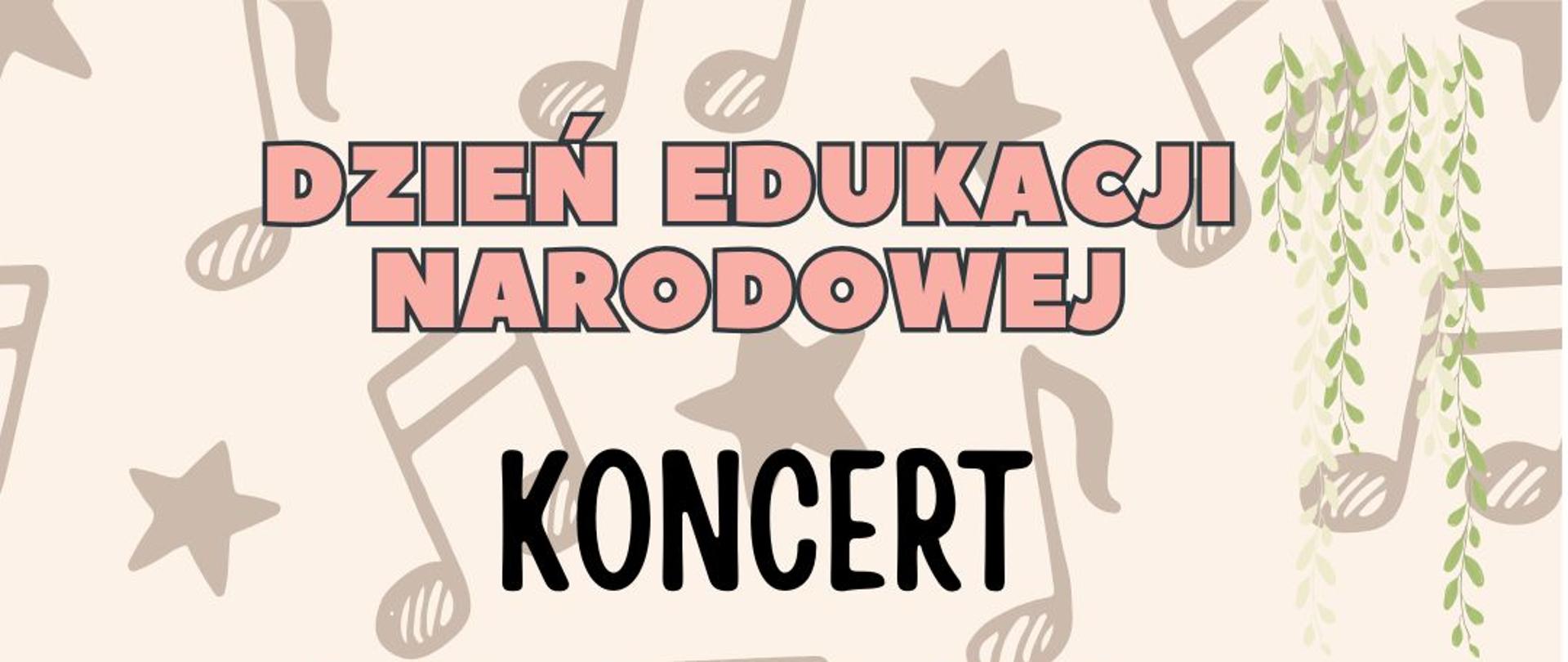 Plakat w pastelowej kolorystyce z motywami nut, gwiazd i roślin. Zawiera informacje o koncercie z okazji Dnia Edukacji Narodowej, który odbędzie się 12 października 2026 r. o godz. 17:00 w Sali Kameralnej PSM I st. w Opolu.