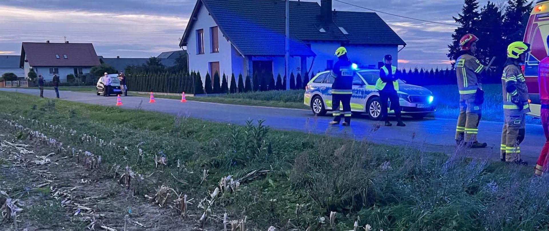 Zdjęcie przedstawia strażaków na tle radiowozu i karetki pogotowia