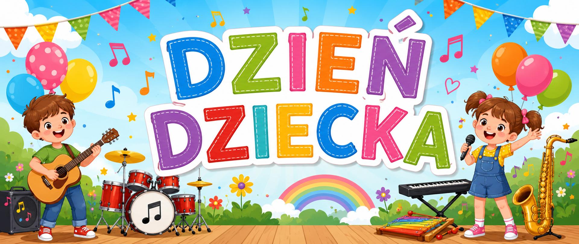 Baner z napisem "dzień dziecka", w tle rysunek dzieci grających na instrumentach muzycznych.
