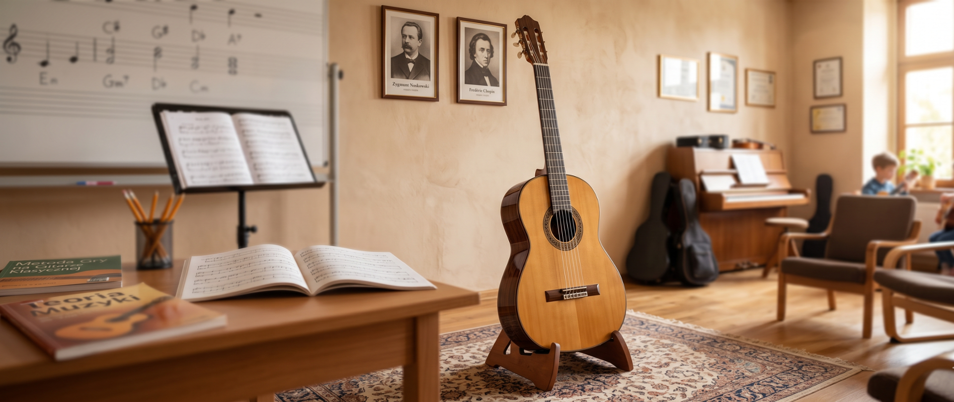 Banner przedstawiający salę lekcyjną z gitarą klasyczną, po lewej stół z książkami po prawej dziecię ćwiczące na gitarach