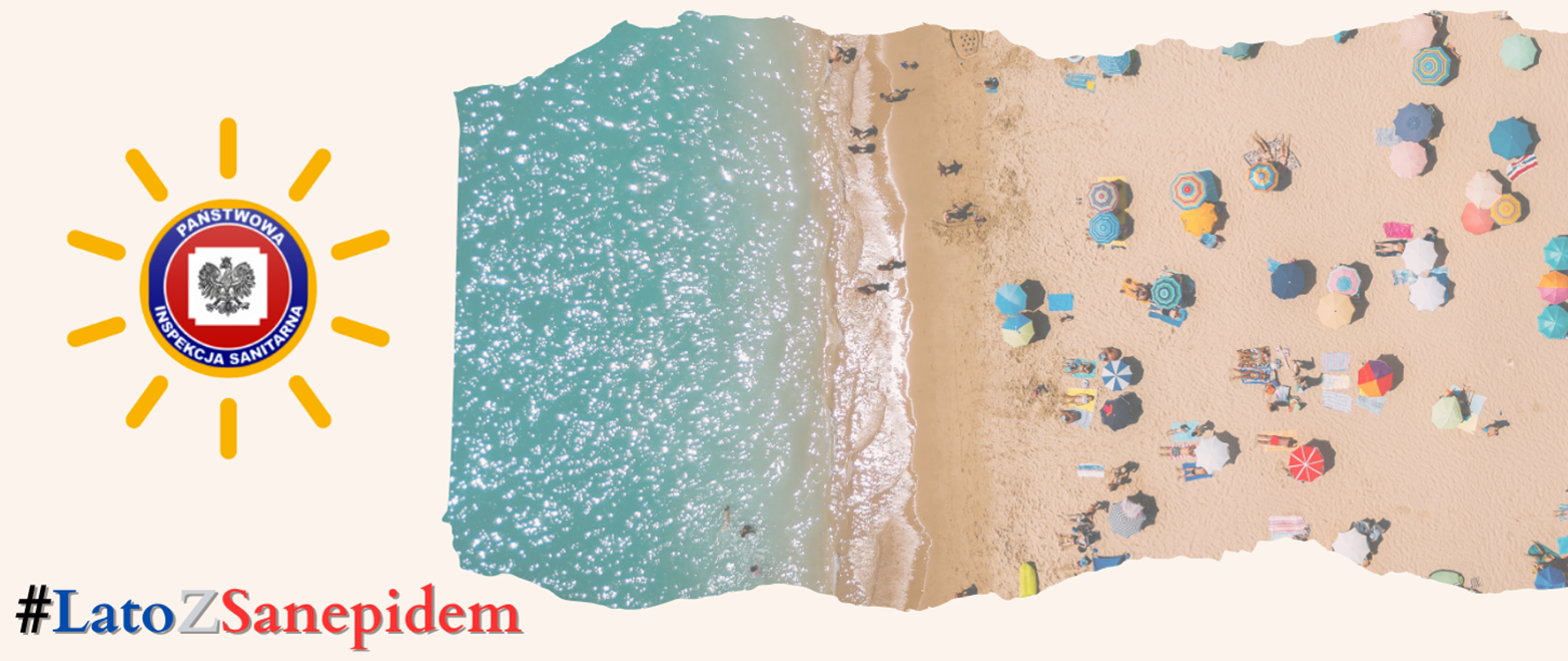 Logo Państwowej Inspekcji Sanitarnej oraz plaża z parasolkami