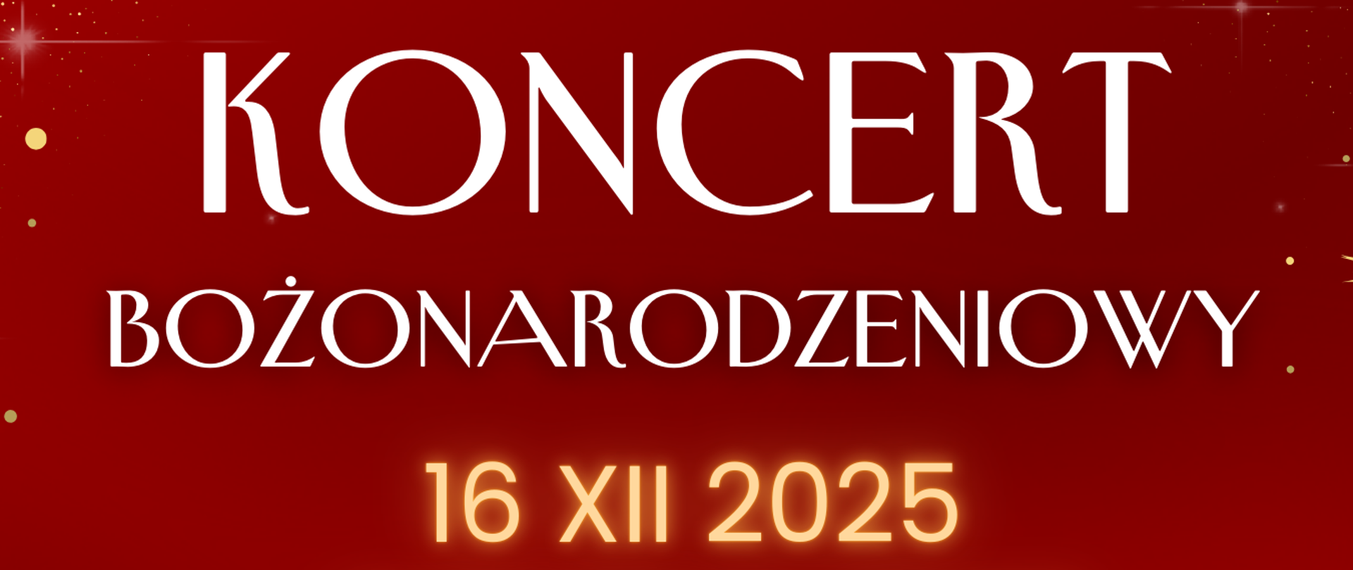 Plakat koncertu bożonarodzeniowego na czerwonym, ozdobnym tle z motywami świątecznymi i muzycznymi. U góry widoczny złoty klucz wiolinowy udekorowany zielonymi gałązkami, czerwonymi jagodami, laskami cukrowymi i czerwoną kokardą. W tle delikatne nuty muzyczne, złote iskierki i gwiazdki.
Centralnie umieszczony biały napis: „Koncert Bożonarodzeniowy”.
Poniżej złotym tekstem: „16 XII 2025, godzina 17:00”.
Dalej informacja: „Wystąpią: uczniowie oraz chór szkolny PSM I st. im. Mazurka Dąbrowskiego w Kościerzynie”.
Na dole: „Sala koncertowa, Państwowa Szkoła Muzyczna I st. im. Mazurka Dąbrowskiego w Kościerzynie”.
Całość utrzymana w eleganckim, świątecznym klimacie.