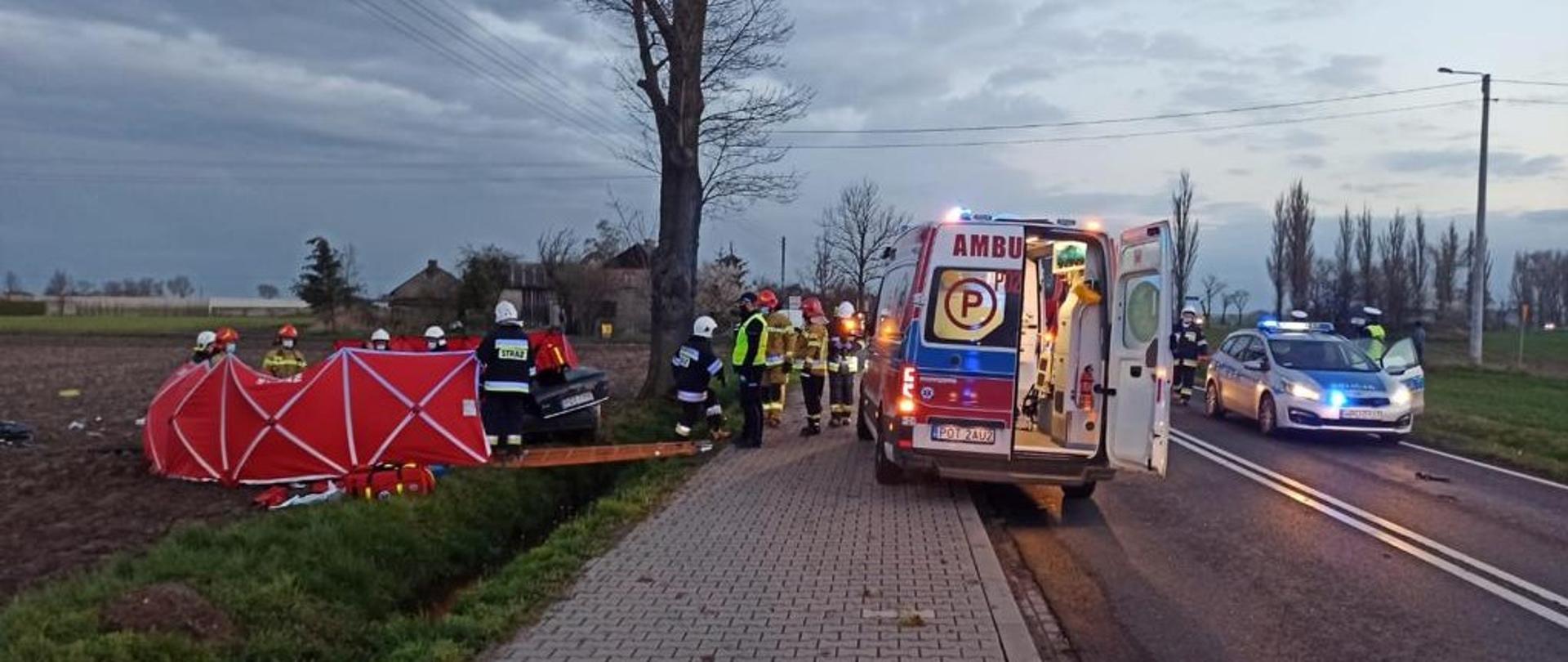 Zdjęcie ukazuje działania prowadzone po wypadku, gdzie samochód osobowy uderzył w drzewo. Fotograf stoi na chodniku, po prawej stronie na jezdni stoi radiowóz policyjny z włączonymi światłami błyskowymi, obok stoją policjanci. Na bliższym planie jest ambulans Zespołu Ratownictwa Medycznego z otwartymi tylnymi drzwiami. Obok stoją strażacy i przyglądają się działaniom. Po lewej stronie na polu uprawnym osłonięty parawanami teren akcji, gdzie udzielana jest pomoc kierowcy z rozbitego pojazdu.