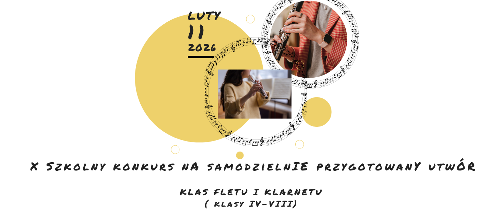 Na białym tle motywami osób grających na flecie i klarnecie informacja: X Szkolny Konkurs na samodzielnie przygotowany utwór klas fletu i klarnetu 11.02.2026r.