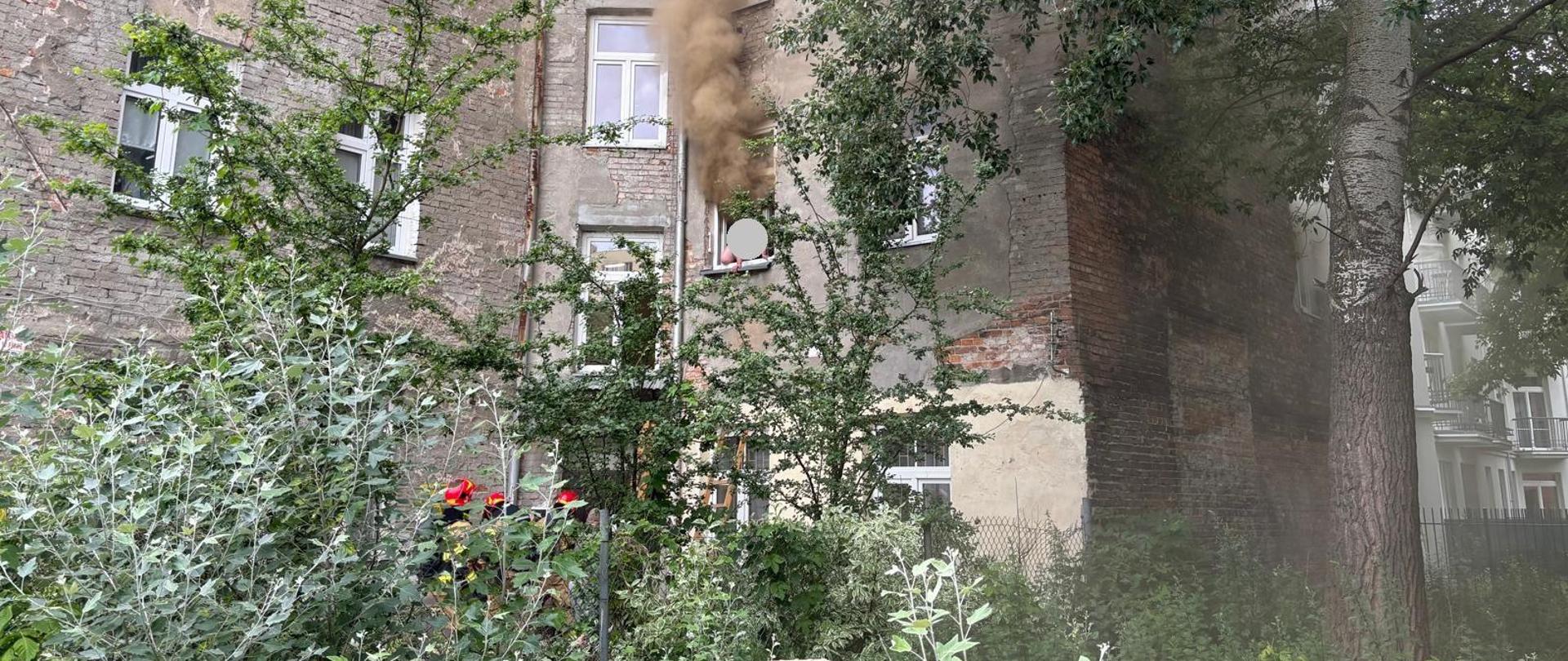 Na zdjęciu widoczny dym wydobywający się z okna kamienicy na pierwszym piętrze, lokatorka w oknie wzywająca pomocy oraz strażacy rozstawiający sprzęt 