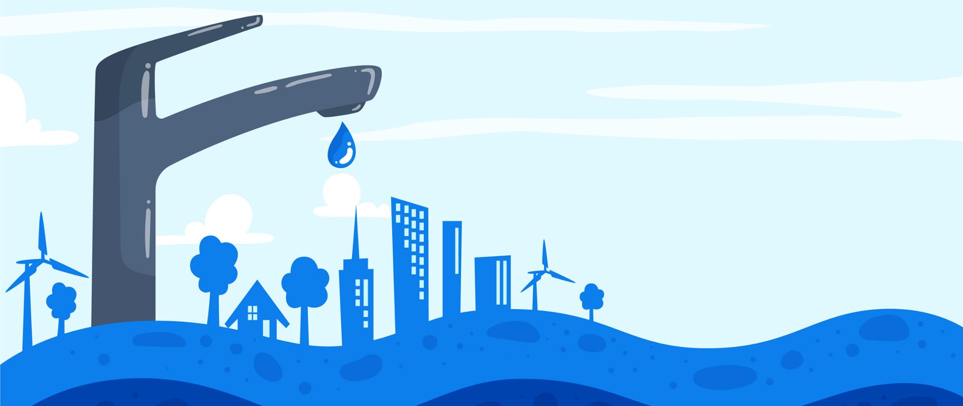 Grafikę obrazująca budynki oraz elementy infrastruktury takie jak roślinność, źródła energii odnawialnej (wiatraki) z umieszczonym w lewej części kranem symbolizującym zaopatrzenie w wodę.