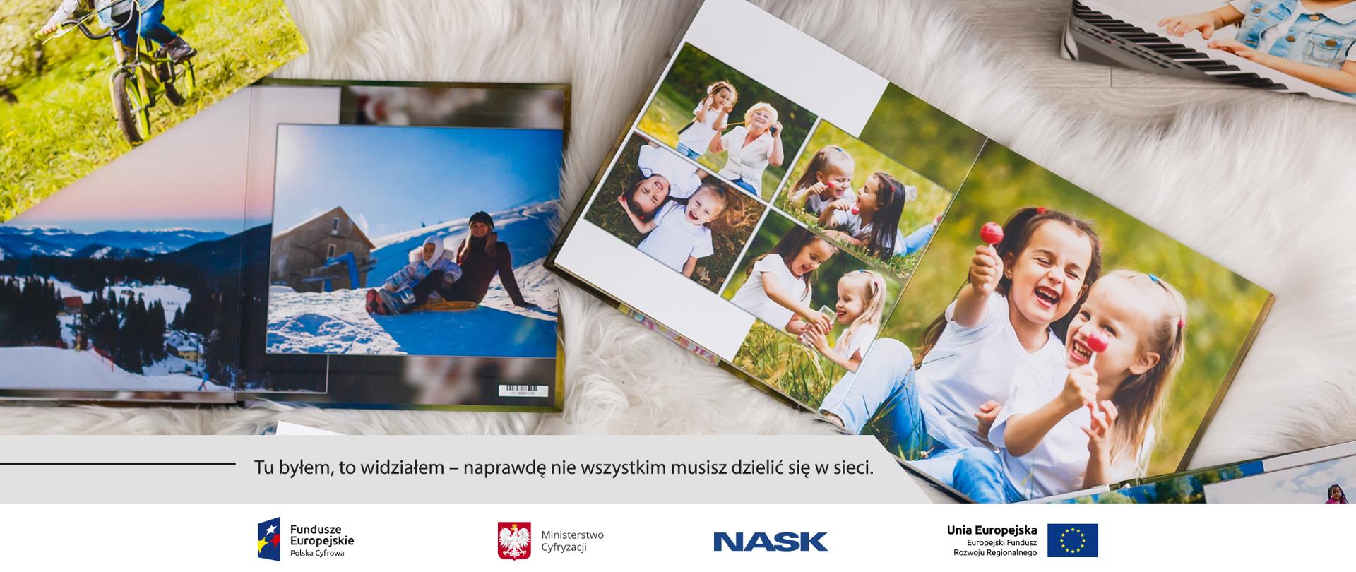 Grafika. Kolaż rodzinnych zdjęć z wakacji i ferii zimowych. Obok napis: Tu byłem, to widziałem - naprawdę nie wszystkim musisz dzielić się w sieci.