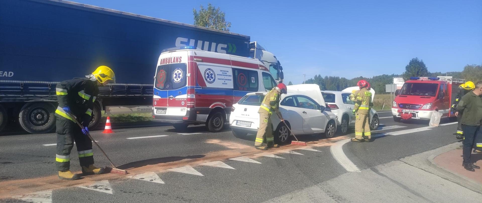 Zdjęcie przedstawia drogę krajową gdzie doszło do zderzenia aut. W centralnym punkcie oba z pojazdów biorących udział w zdarzeniu. Dwóch ratowników usuwa wycieki z jedni. Za pojazdami widać ambulans a z prawej strony stoi samochód pożarniczy.