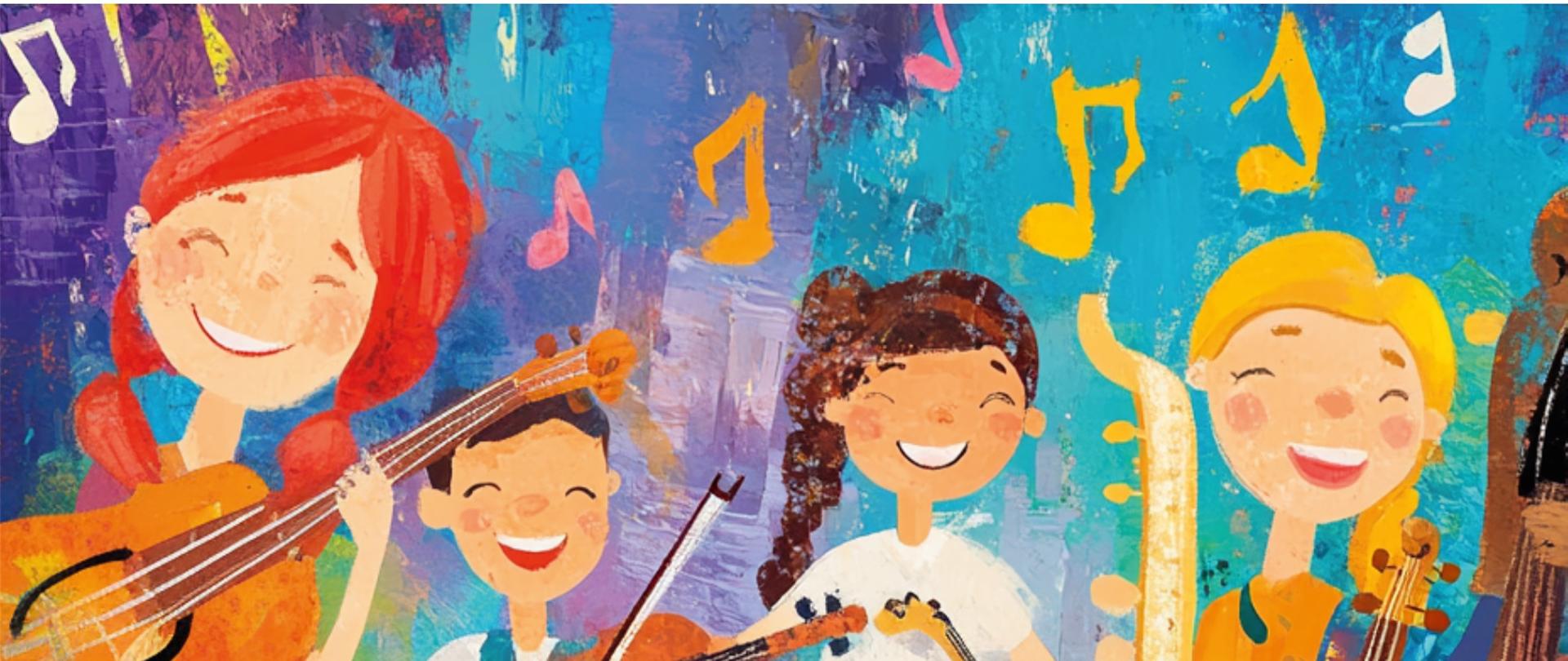 pastelowe tło przedstawiające roześmiane dzieci grające na instrumentach. Napisy z informacjami o koncercie u góry i dołu plakatu.