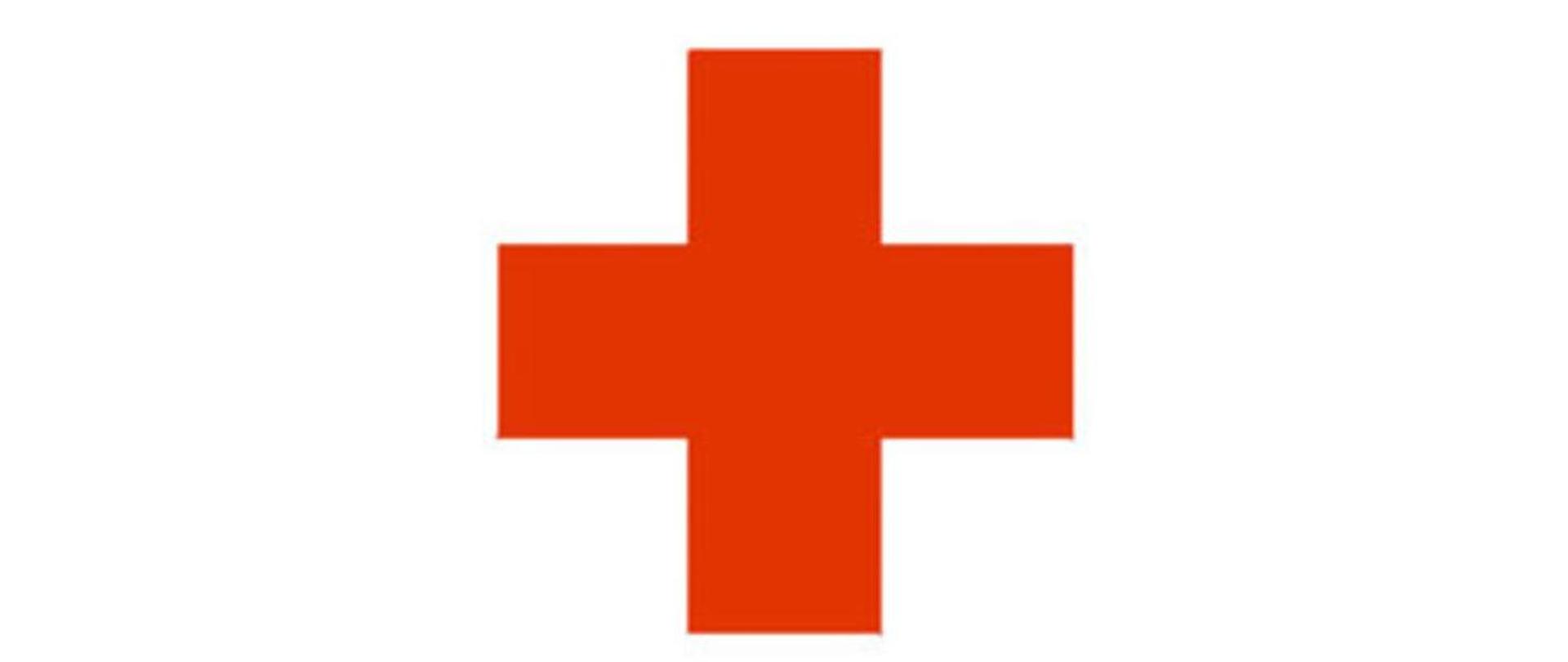 Na białym tle czerwony równoramienny krzyż - symbol organizacji Czerwonego Krzyża