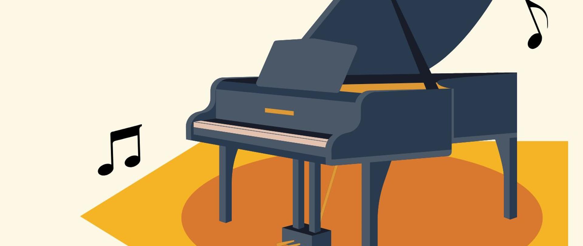 W górnej części plakatu znajduje się duży, kolorowy napis w odcieniach żółci i pomarańczy. Centralnie umieszczona jest ilustracja czarnego fortepianu stojącego na pomarańczowym dywanie, otoczonego nutkami. Na dole widnieje informacja o wydarzeniu: Zapraszamy w dniu 11.12.2025 r. o godz. 16.30, sala kameralna szkoły.