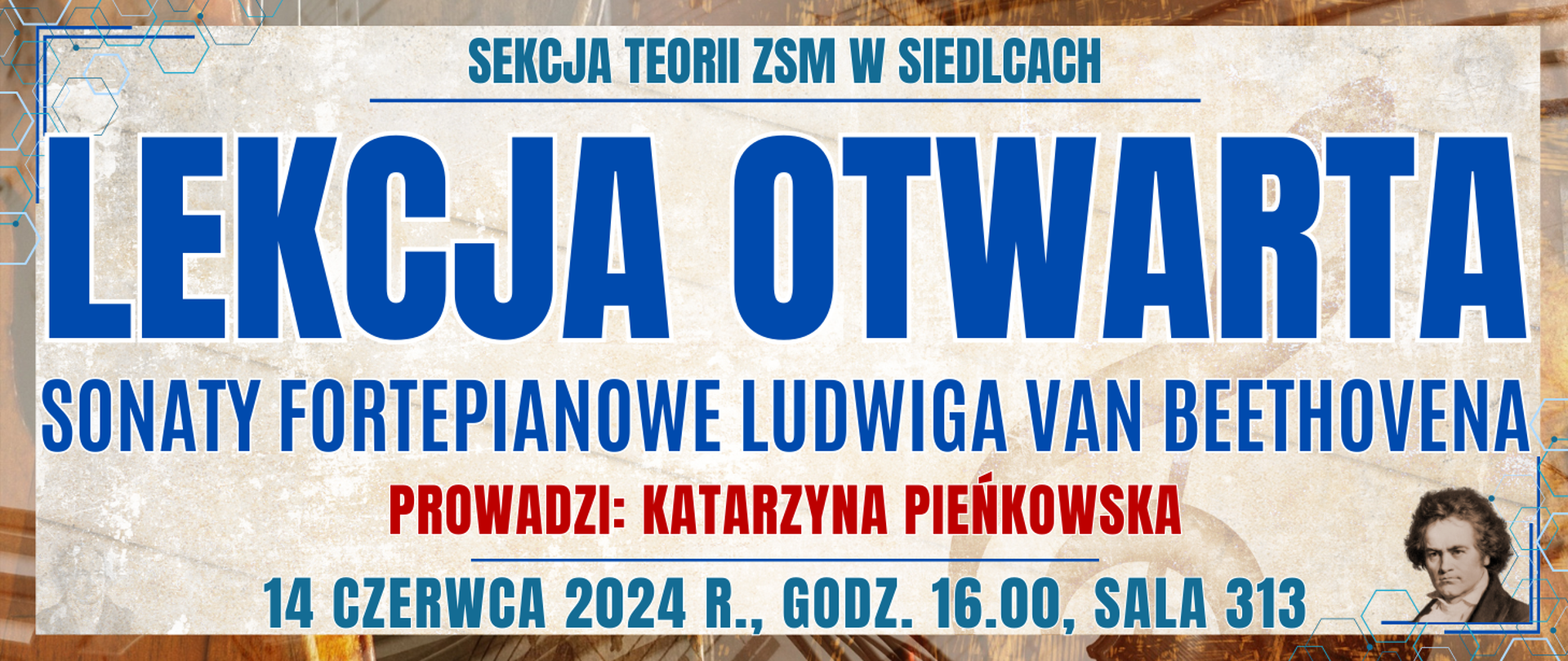 kolorowa ramka, jasne kolorowe tło muzyczne, na dole po prawej wizerunek Ludwiga van Beethovena oraz informacja o wydarzeniu