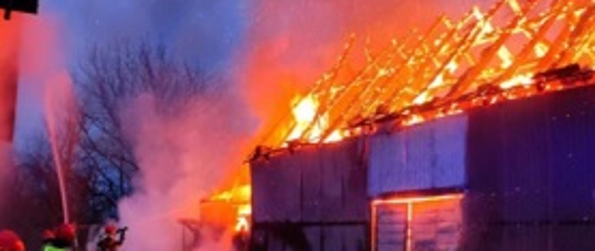 Na zdjęciu widoczny pożar budynku gospodarczego - budynek cały objęty ogniem. 